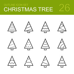 Christmas tree vector outline icon set - different new year tree on the white background