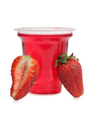Jam in glass with raw fruit on white background