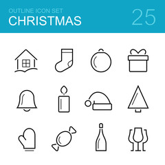 Christmas vector outline icon set - home, sock, Christmas tree, decorations, present, bell, candle, hat, mitten, sweet, bottle of champagne and glasses