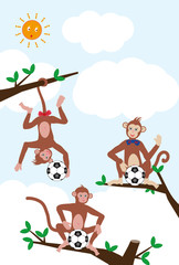 サッカーボールとサルのイラスト縦型年賀状デザイン