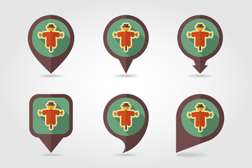 Scarecrow flat mapping pin icon with long shadow