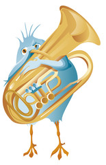 Un oiseau bleu jouant d'un cor © bubulk