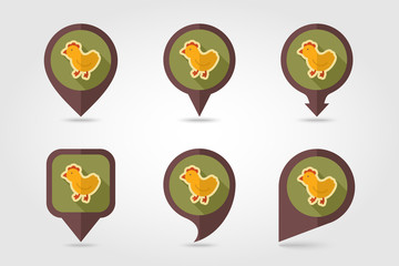 Chicken flat mapping pin icon with long shadow