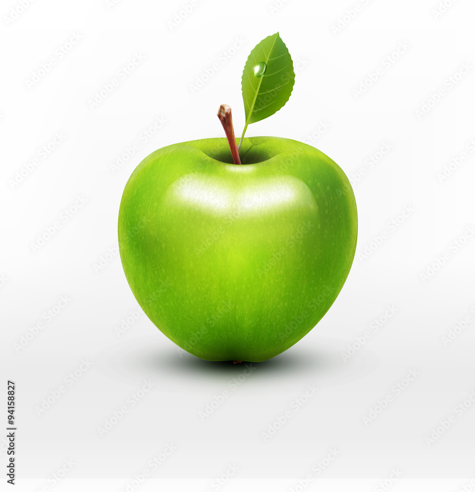 Wall mural vector green apple with green leaf isolated on a white backgroun