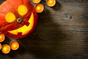 Fototapeta na wymiar jack o lantern, pumpkin lantern on the wooden board