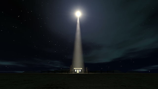 A slow zoom towards a depiction of the nativity scene of christs birth in bethlehem with the isolated run down stable being lit by a bright star