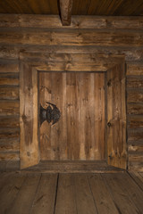 Wooden old door with lock and wall. Background