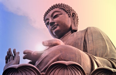 Buddha statue at Po Lin monastery. Hong Kong. Bright light. 
