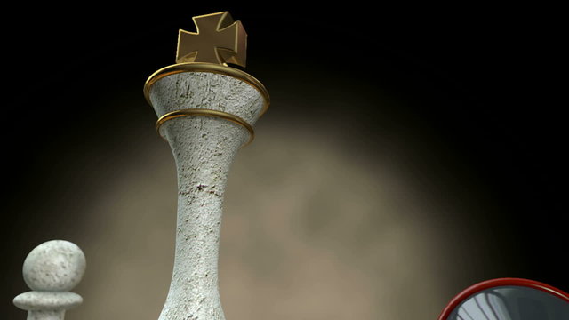 A pan reveal of a literal depiction of a white stone chess king standing over a knocked down black king on a dark background