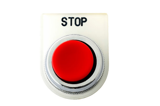 Closeup of red push button with stop faceplate isolated in white background