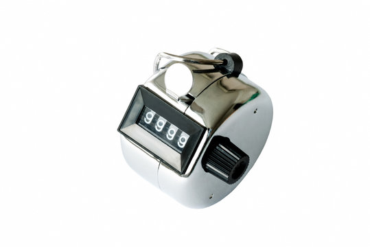 Closeup of silver tally counter isolated in white background