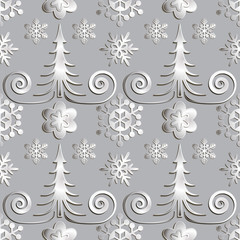 Seamless abstract illustration of nature. Figure 3D, Christmas trees, snowflakes, snowstorm. Color gray metal, silver. Vector.