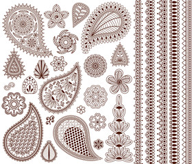 Set of oriental ornaments for henna tattoo and for your design. Plus five seamless borders.
