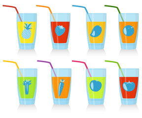 Set of glasses with juice. Good for fresh bars, children menu, vegetarian cafe.