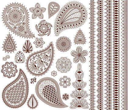 Naklejka Set of oriental ornaments for henna tattoo and for your design. Plus five seamless borders.