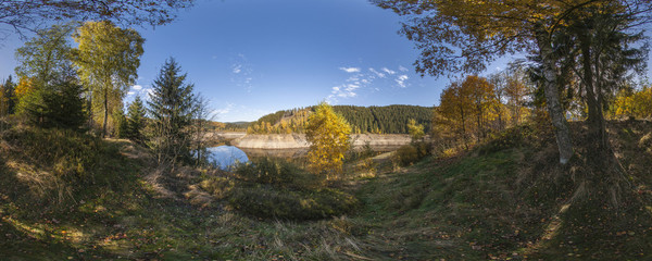 Panoramic autumn landscape in the Harz Mountains, Lower Saxony, Germany.