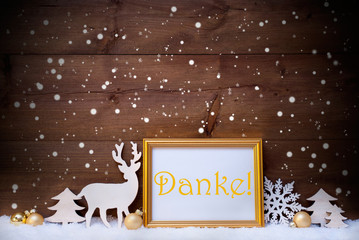 White And Golden Christmas Card, Snowflake, Danke Mean Thank You
