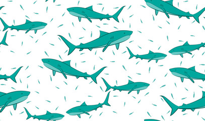 Naklejka premium Vector seamless pattern of sharks and fish. Chaotic sharks and fish. eps 10.