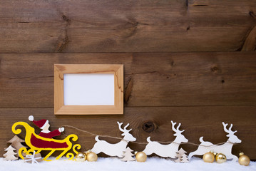 Santa Claus Sled, Reindeer, Snow, Copy Space, Golden Ball, Frame