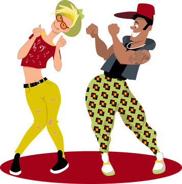 Young funny cartoon couple dancing on a circular stage, EPS 8 vector illustration, no transparencies