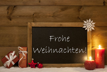 Fototapeta na wymiar Card, Blackboard, Snow, Frohe Weihnachten Mean Merry Christmas