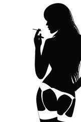 Panele Szklane  Sylwetka młodej kobiety w bieliźnie pali papierosa. Ilustracja wektorowa
