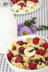 granola with fruits and bottle of fresh milk