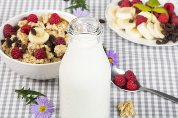 bottle of fresh milk and granola with fruits