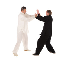 Two karate fighters. Training fight.