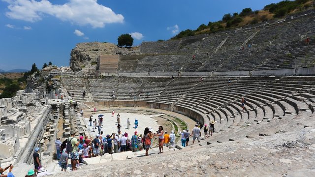 People are visiting the Great Theatre of Ephesus 