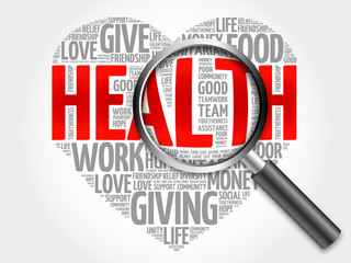 Health word cloud with magnifying glass, concept