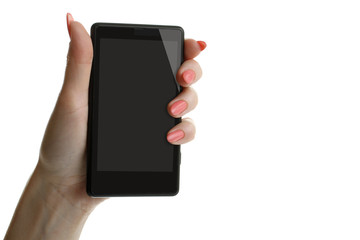 discharged mobile phone in the hands of a young girl on a white isolated background