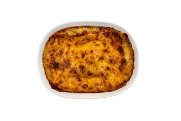 Lasagna in baking dish on a white background