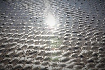 Sand textured surface of seashore. Sandprint on the beach sand.