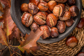 Roasted chestnuts and leaves