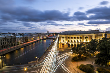 Fototapeta na wymiar Roof view on the Fontanka river in St. Petersburg at evening ill