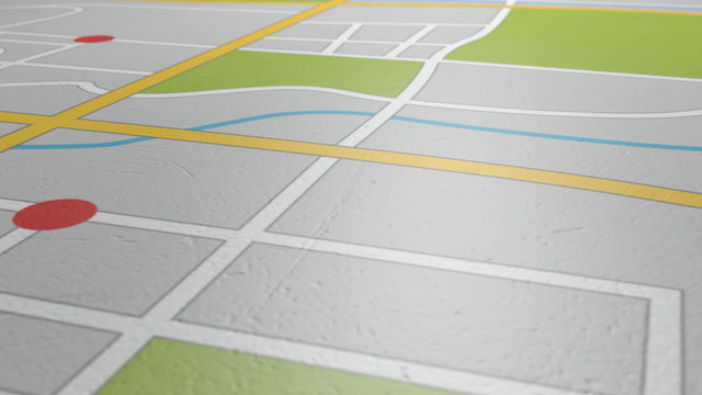 A perspective slow pan of a realistic vector gps map