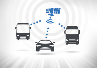 Connected Vehicles. Concept with intelligent vehicles connected via satellite. Vehicles in front view. Fully scalable vector illustration.