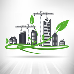 Green Urban Development Concept. Cityscape with ongoing construction surrounded by green leaves. Fully scalable vector illustration.
