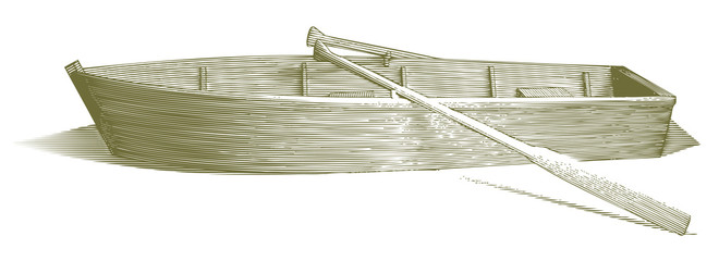 Engraved-style illustration of a wooden row boat with oars. © blue67sign