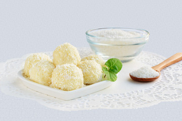 White chocolate candy coconut truffles.