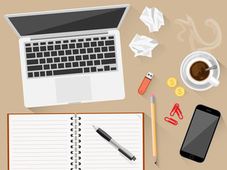 Flat style design concept of modern workspace. Top view vector illustration.