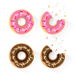 Set of popular donuts. Whole and bitten version. Flat design vector illustration isolated on white background.