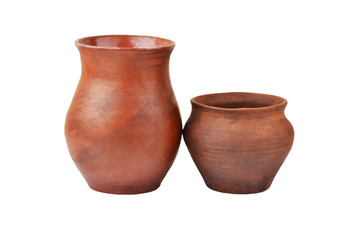 Vintage clay jug for milk, isolated on white background