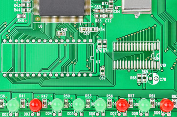 Printed computer motherboard with microcircuit, close up