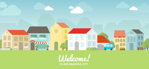 Vector city illustration in flat simple style, houses and