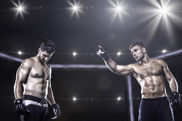 Fototapeta na wymiar MMA fighters in octagon arena before fight