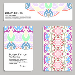 multicolored set of business card and header templates with hand drawn tribal ornament, mandala, for greeting, invitation card, or cover. Vector illustration