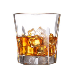 Glass of scotch whiskey with ice cube isolated on white background