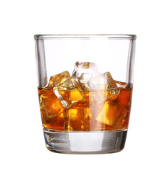 Glass of scotch whiskey with ice cube isolated on white background